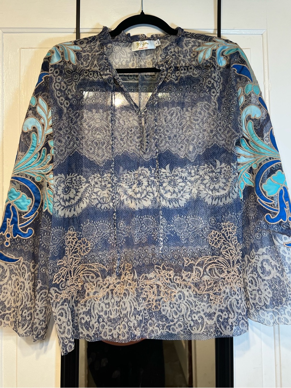 Johnny Was Biya Navy & Teal Lace-Print Peasant Tunic